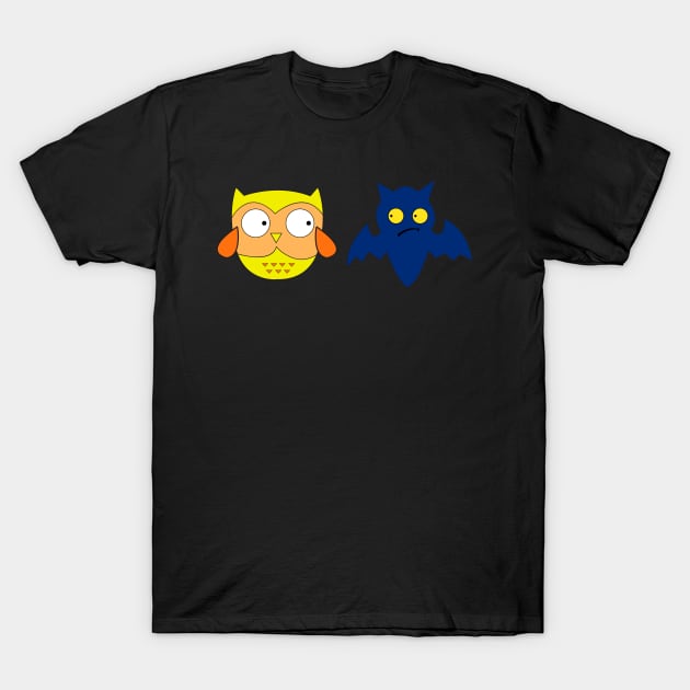 Happy Owl and Scared Bat T-Shirt by FamiLane